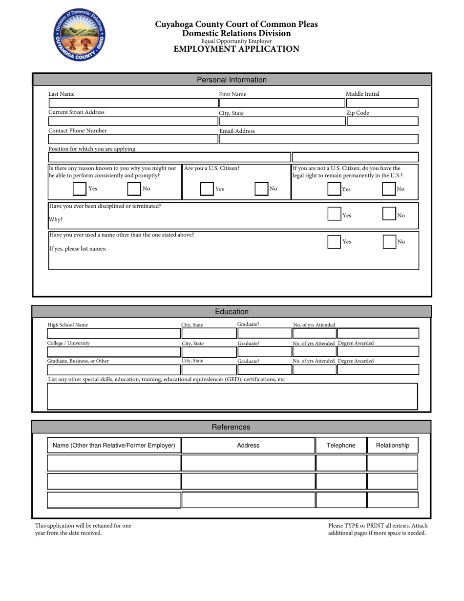 Employment Application - Cuyahoga County, Ohio, Page 1