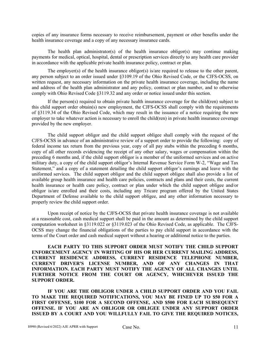 Form H990 Agreed Judgment Entry Modification of Allocation of Parental Rights and Responsibilities With Support - Cuyahoga County, Ohio, Page 11