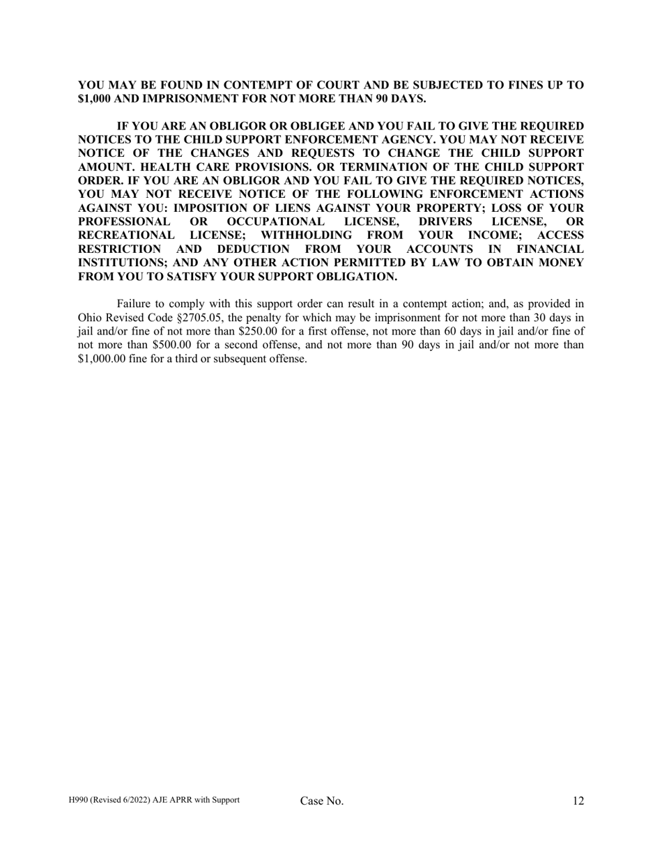 Form H990 Agreed Judgment Entry Modification of Allocation of Parental Rights and Responsibilities With Support - Cuyahoga County, Ohio, Page 12
