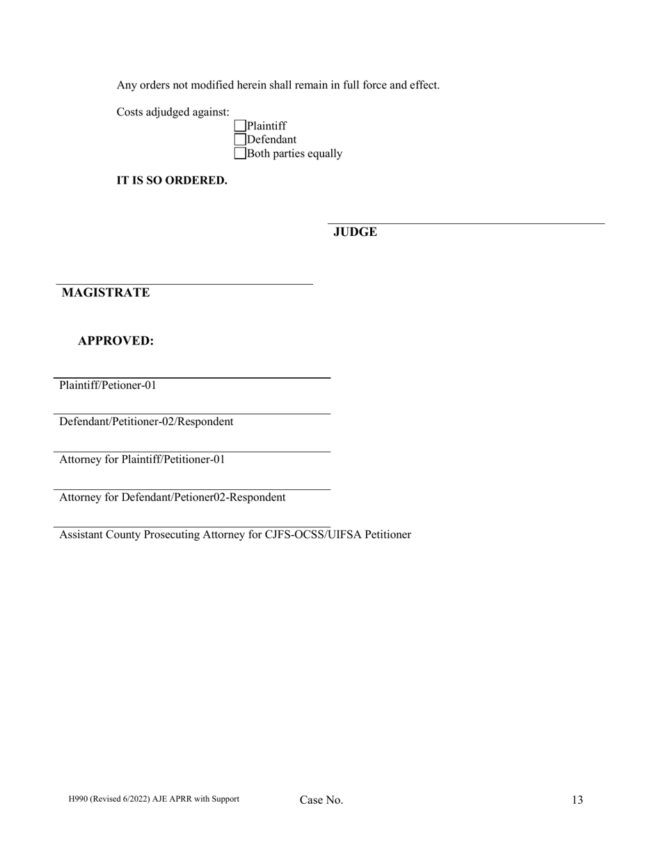 Form H990 Agreed Judgment Entry Modification of Allocation of Parental Rights and Responsibilities With Support - Cuyahoga County, Ohio, Page 13