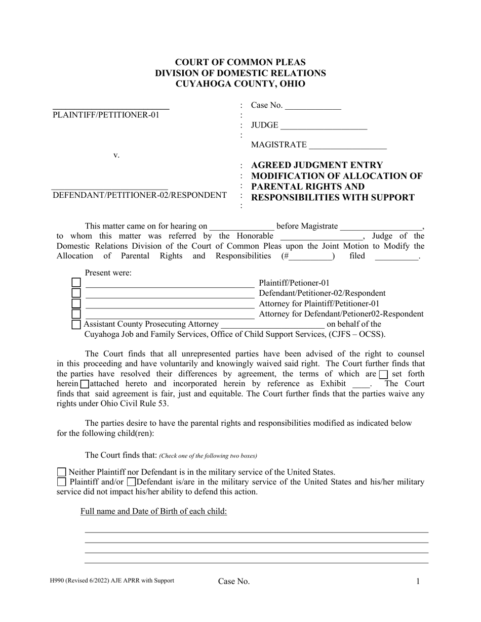 Form H990 Agreed Judgment Entry Modification of Allocation of Parental Rights and Responsibilities With Support - Cuyahoga County, Ohio, Page 1