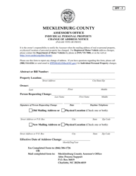 Document preview: Form IPP-3 Individual Personal Property Change of Address Notice - Mecklenburg County, North Carolina