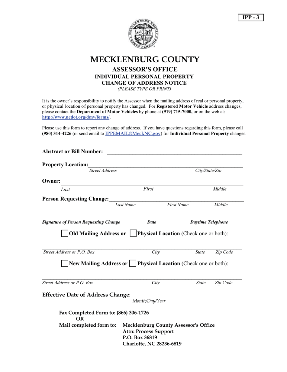 Form IPP-3 Individual Personal Property Change of Address Notice - Mecklenburg County, North Carolina, Page 1