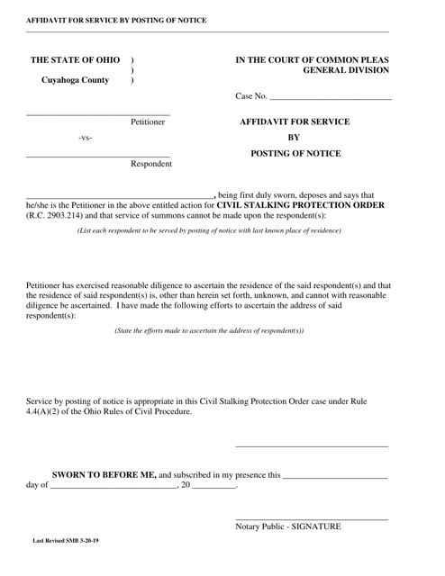 Affidavit for Service by Posting Civil Stalking Protection Order - Cuyahoga County, Ohio Download Pdf