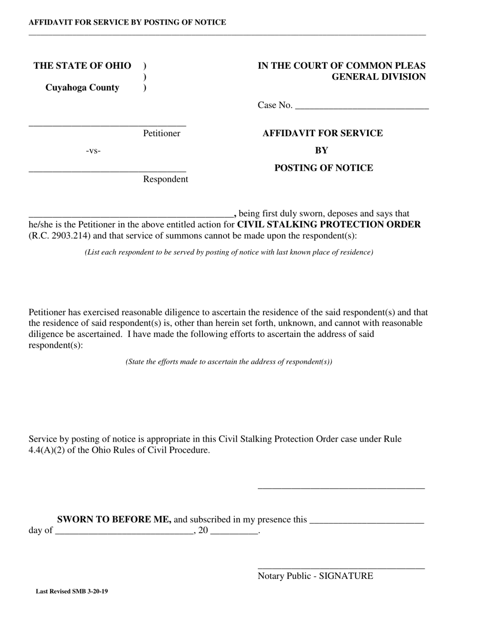 Affidavit for Service by Posting Civil Stalking Protection Order - Cuyahoga County, Ohio, Page 1