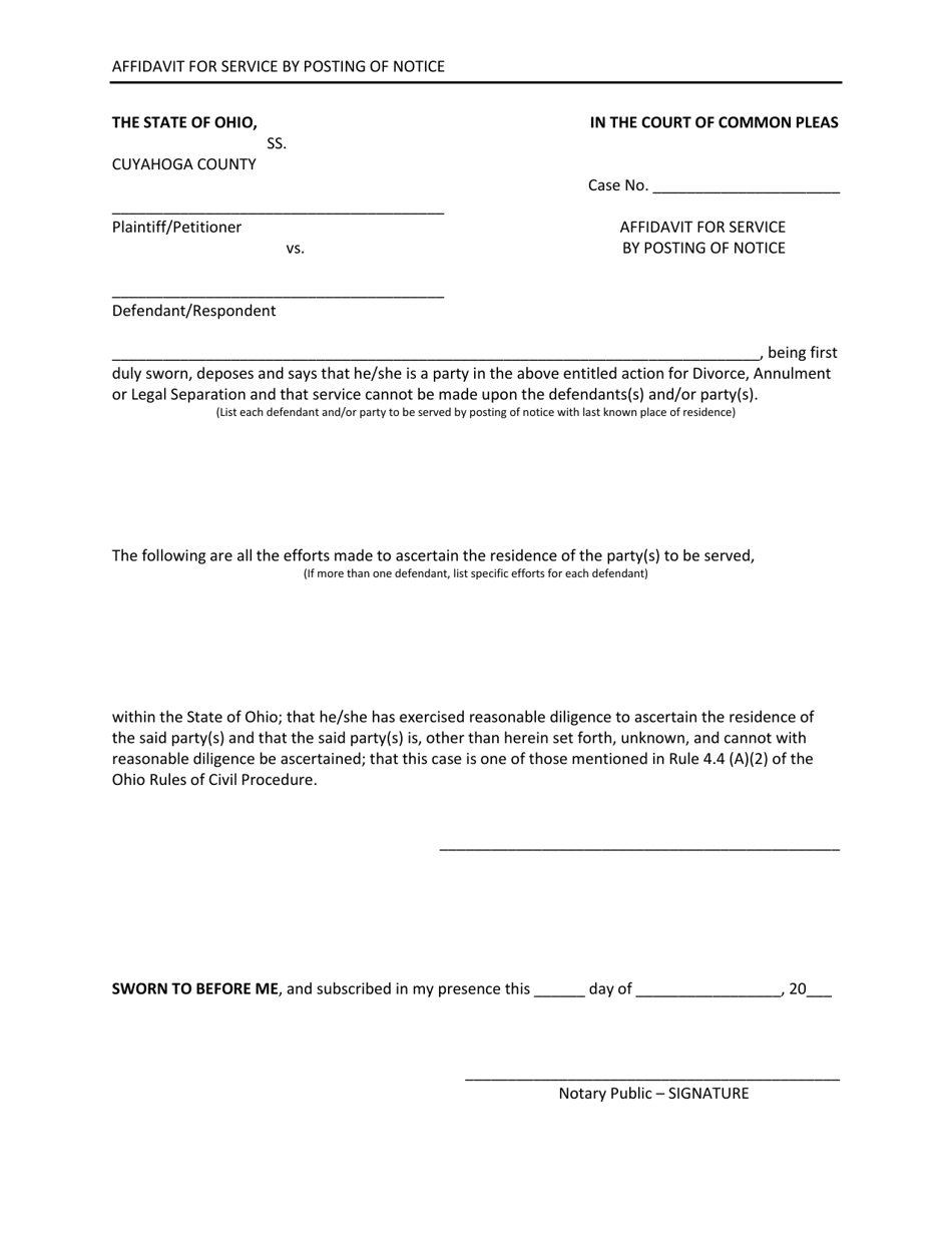 Cuyahoga County, Ohio Affidavit for Service by Posting of Notice Fill Out, Sign Online and