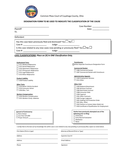 Designation Form to Be Used to Indicate the Classification of the Cause - Cuyahoga County, Ohio