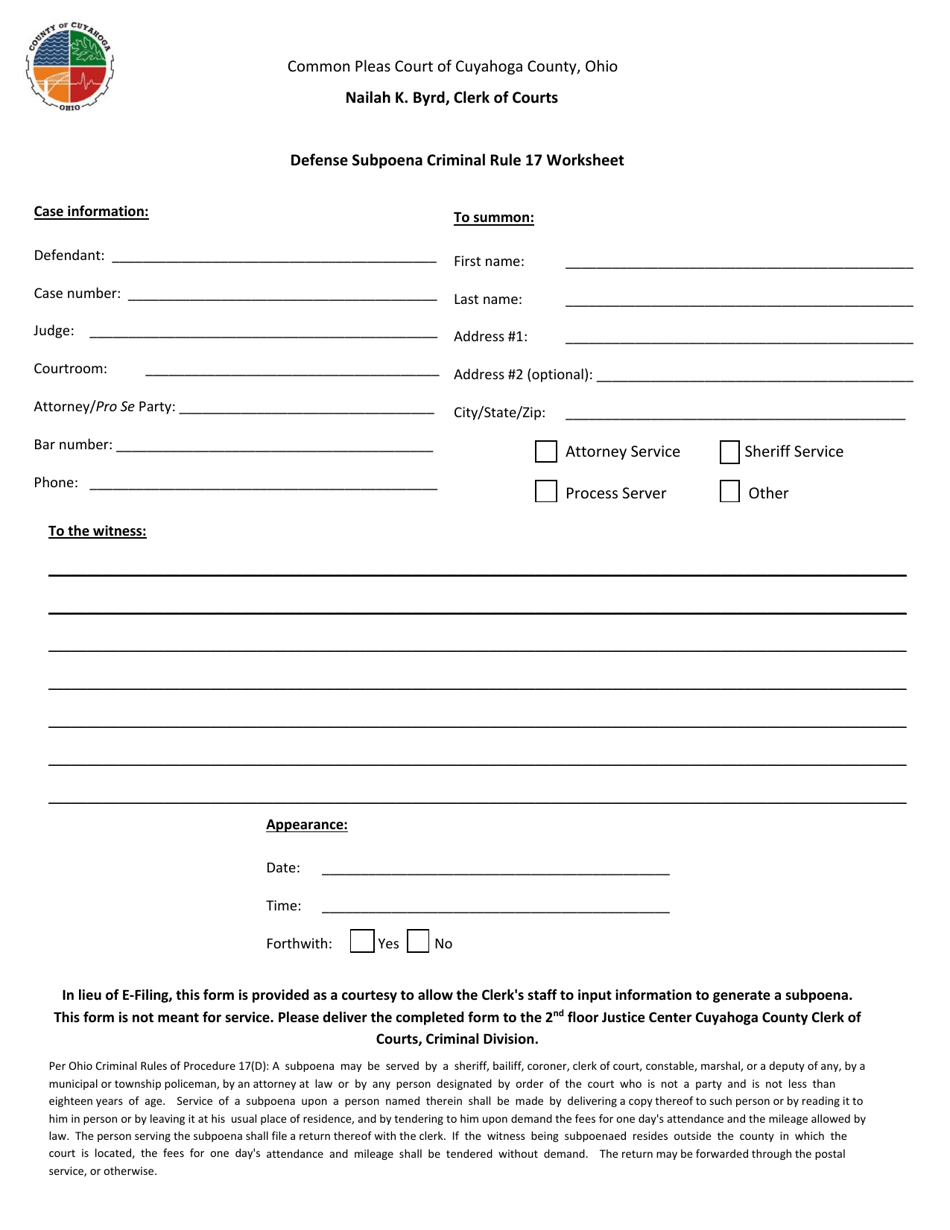 Cuyahoga County, Ohio Defense Subpoena Criminal Rule 17 Worksheet 