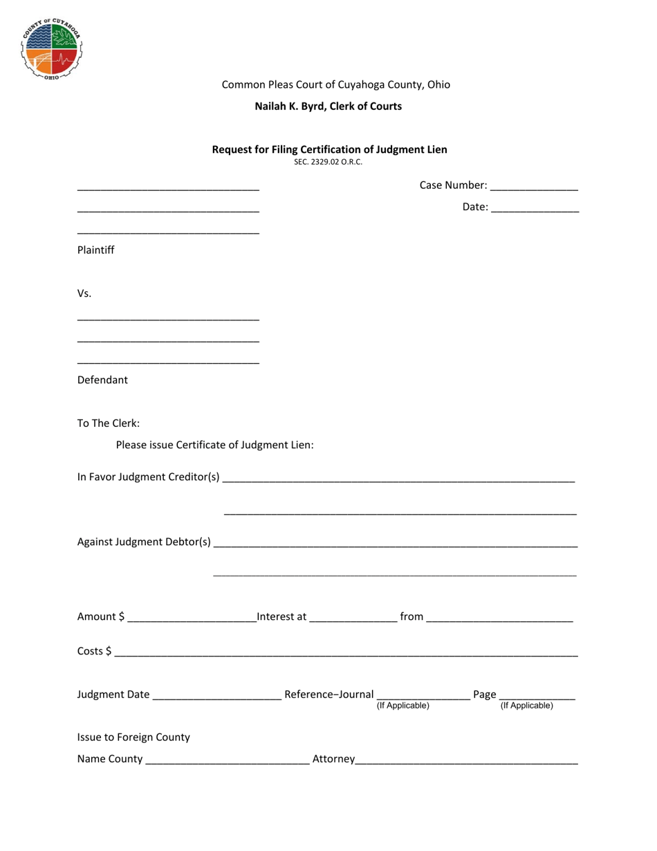 Request for Filing Certification of Judgment Lien - Cuyahoga County, Ohio, Page 1