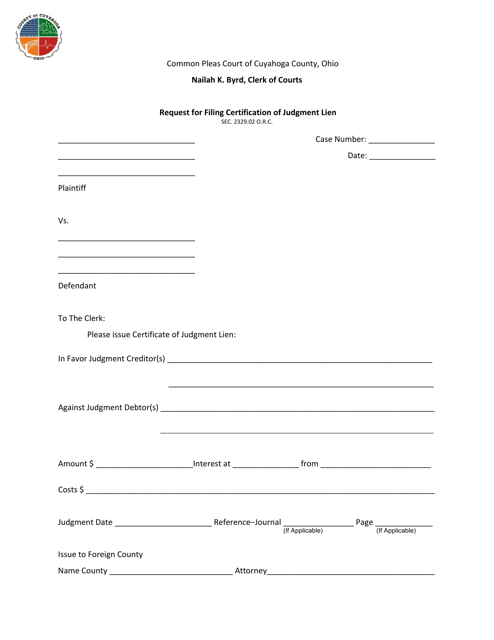 Request for Filing Certification of Judgment Lien - Cuyahoga County, Ohio Download Pdf