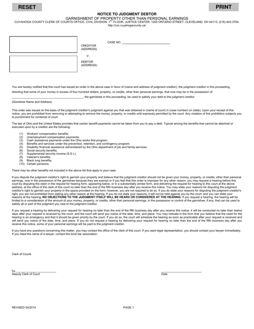 Notice to Judgment Debtor - Garnishment of Property Other Than Personal Earnings - Cuyahoga County, Ohio Download Pdf