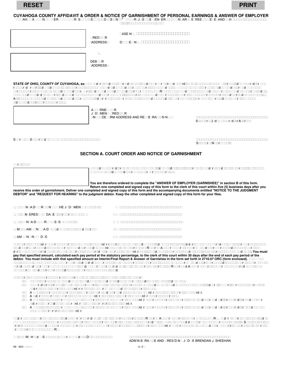 Affidavit  Order  Notice of Garnishment of Personal Earnings  Answer of Employer - Cuyahoga County, Ohio, Page 1
