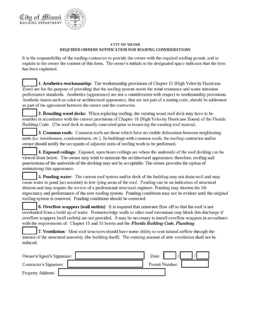 Required Owners Notification for Roofing Considerations - City of Miami, Florida Download Pdf