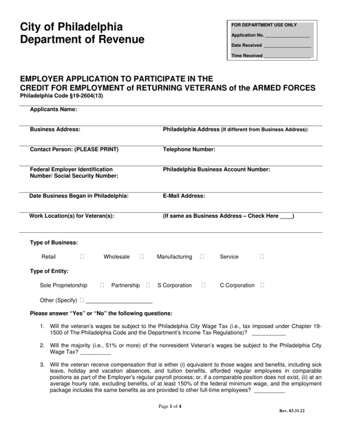 Employer Application to Participate in the Credit for Employment of Returning Veterans of the Armed Forces - City of Philadelphia, Pennsylvania Download Pdf
