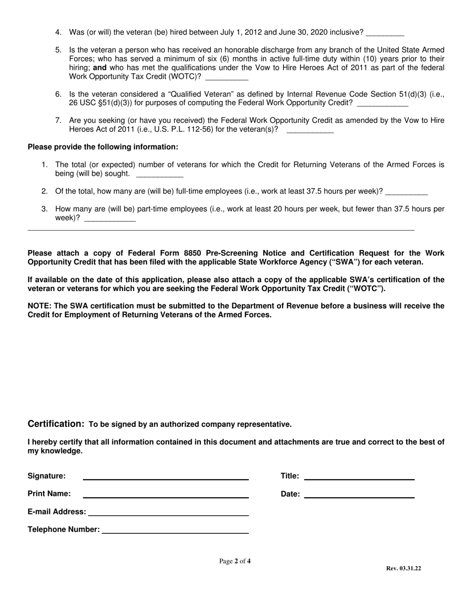 Employer Application to Participate in the Credit for Employment of Returning Veterans of the Armed Forces - City of Philadelphia, Pennsylvania, Page 2