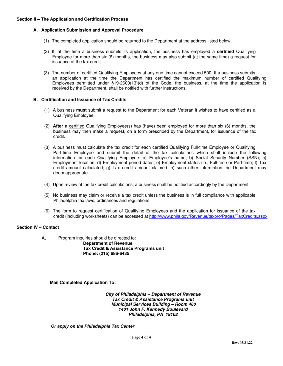 Employer Application to Participate in the Credit for Employment of Returning Veterans of the Armed Forces - City of Philadelphia, Pennsylvania, Page 4