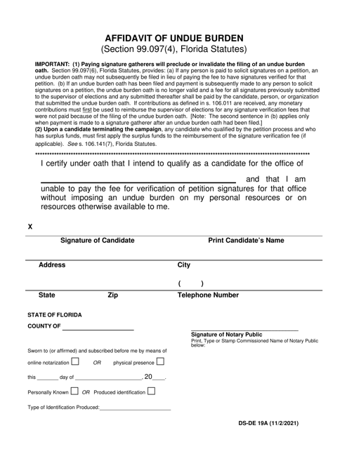 Form DS-DE19A Affidavit of Undue Burden - Florida