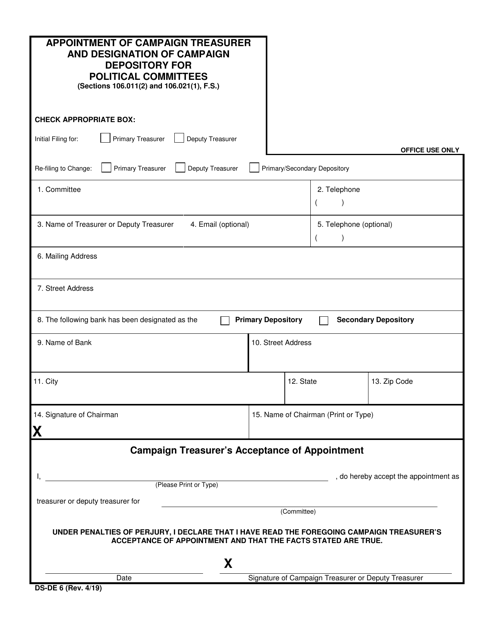 Form DS-DE6 Appointment of Campaign Treasurer and Designation of Campaign Depository for Political Committees - Florida