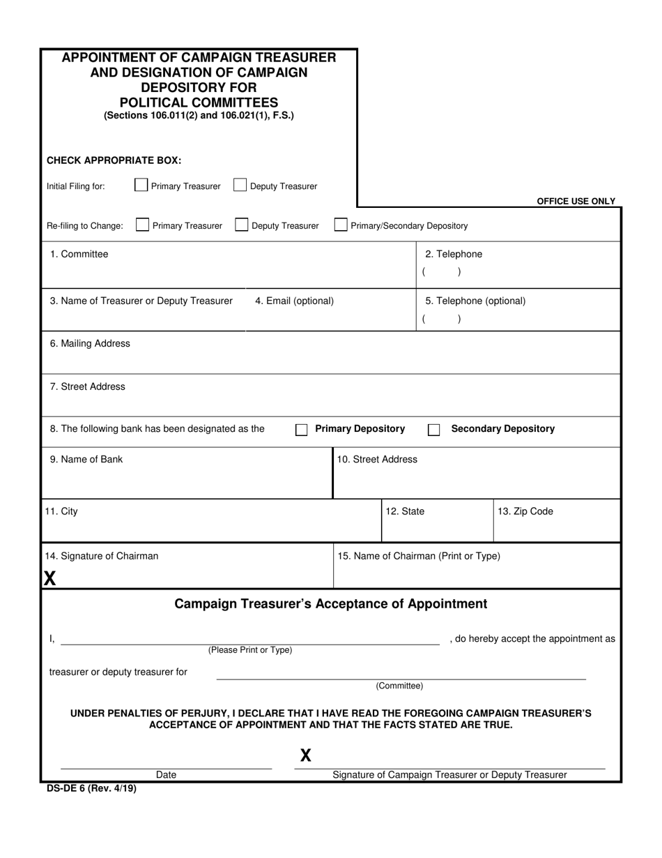 Form DS-DE6 Appointment of Campaign Treasurer and Designation of Campaign Depository for Political Committees - Florida, Page 1