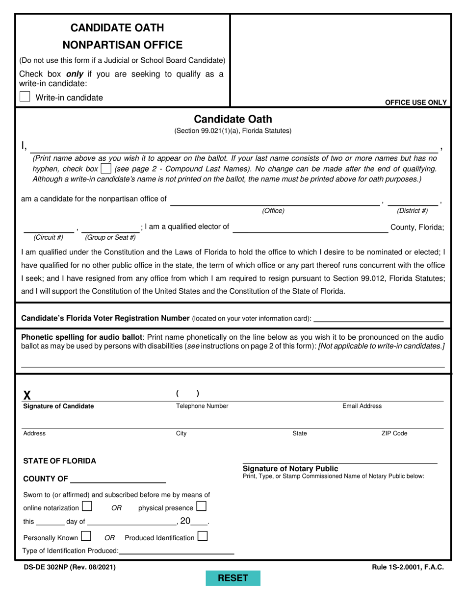 Form DS-DE302NP Candidate Oath - Nonpartisan Office - Florida, Page 1