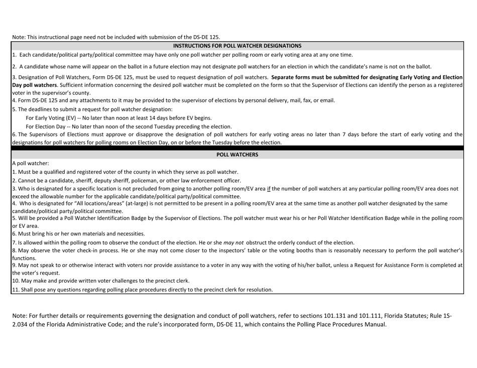 Form DS-DE125 Designation of Poll Watchers - Florida, Page 3