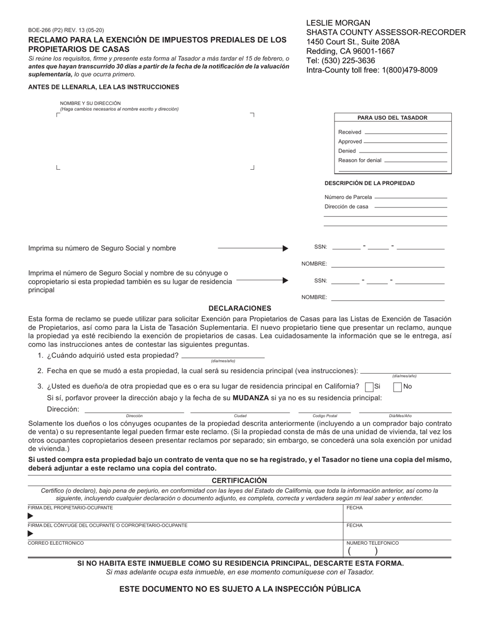 Formulario BOE-266 Reclamo Para La Exencion De Impuestos Prediales De Los Propietarios De Casas - Shasta County, California (Spanish), Page 1
