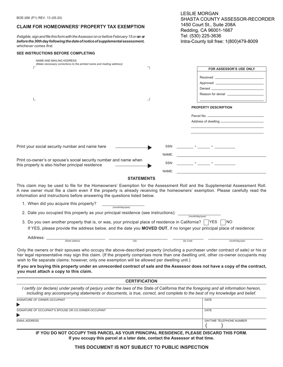 Form BOE-266 Claim for Homeowners' Property Tax Exemption - Shasta County, California, Page 1