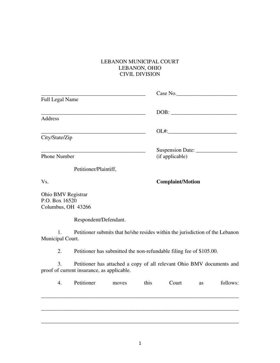 City of Lebanon, Ohio Complaint/Motion Download Fillable PDF