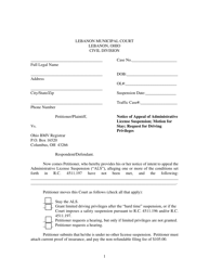 Notice of Appeal of Administrative License Suspension; Motion for Stay; Request for Driving Privileges - City of Lebanon, Ohio