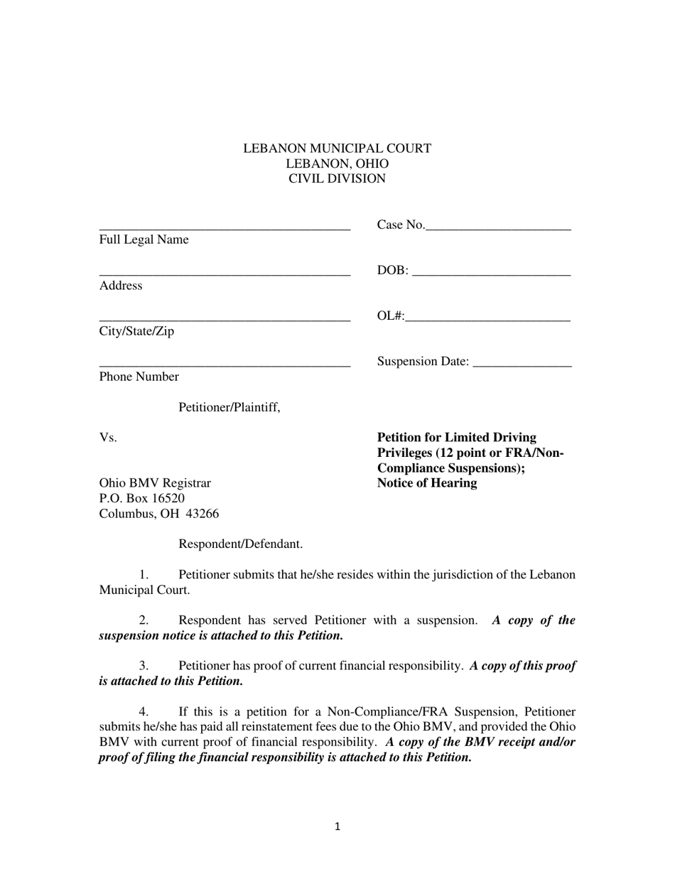 Petition for Limited Driving Privileges (12 Point or FRA / Non-compliance Suspensions); Notice of Hearing - City of Lebanon, Ohio, Page 1