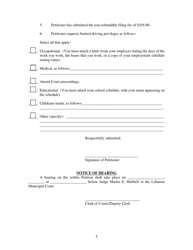 Petition for Limited Driving Privileges (12 Point or FRA/Non-compliance Suspensions); Notice of Hearing - City of Lebanon, Ohio, Page 2