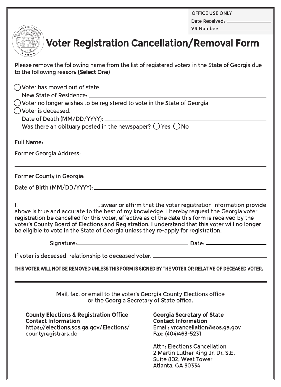 Voter Registration Cancellation / Removal Form - Georgia (United States), Page 1