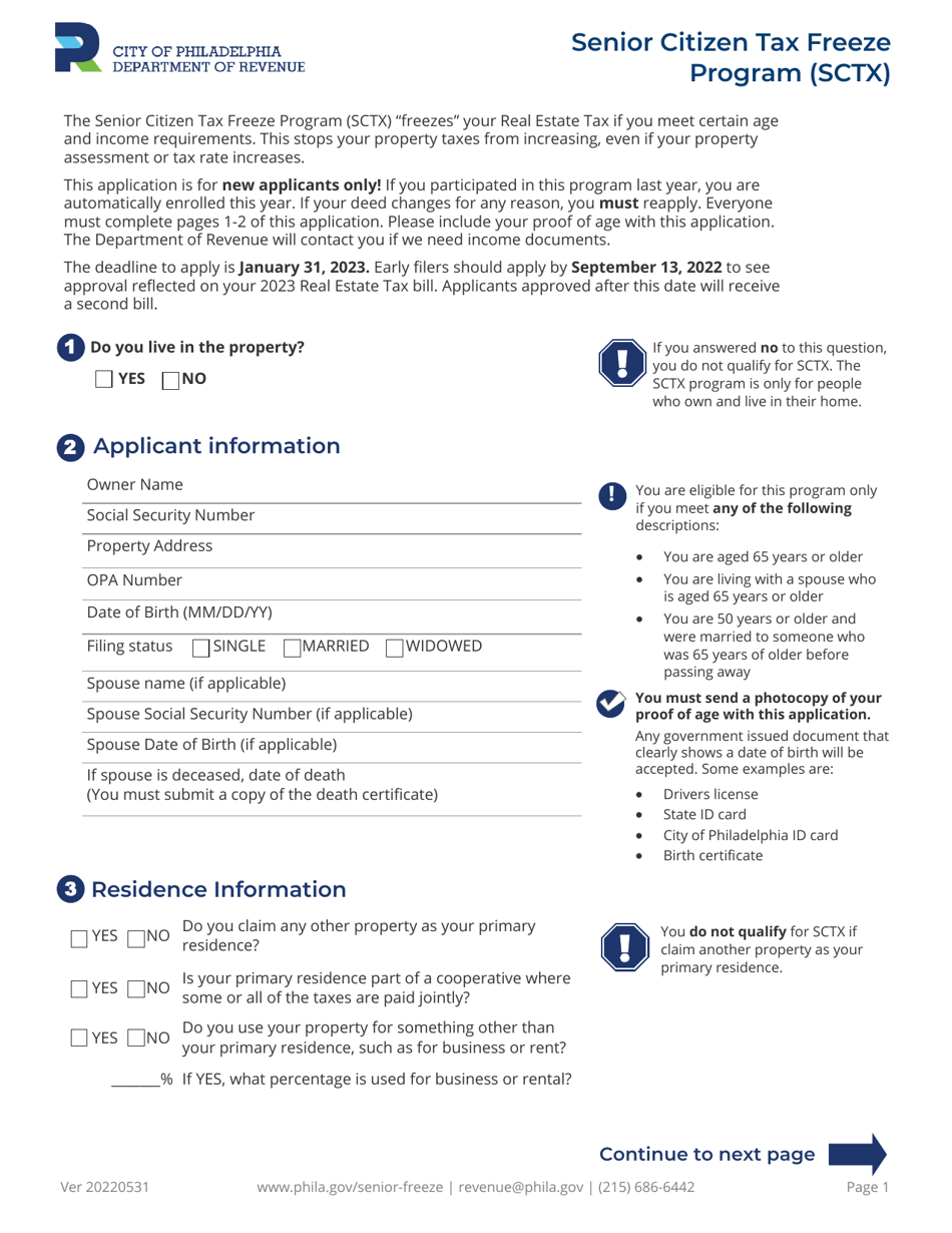 Application Form - Senior Citizen Tax Freeze Program (Sctx) - City of Philadelphia, Pennsylvania, Page 1