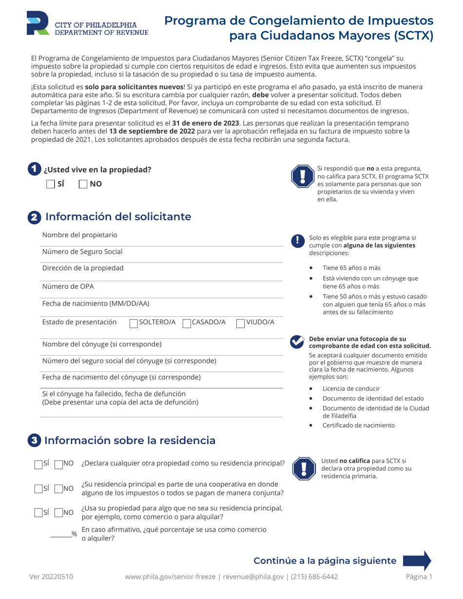 Programa De Congelamiento De Impuestos Para Ciudadanos Mayores (Sctx) Solicitud - City of Philadelphia, Pennsylvania (Spanish), Page 1