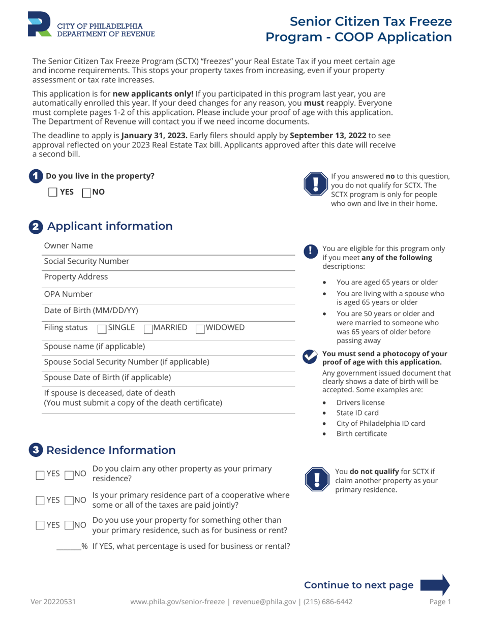 Coop Application Form - Senior Citizen Tax Freeze Program - City of Philadelphia, Pennsylvania, Page 1
