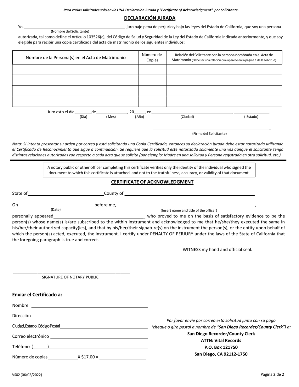 Formulario VS02 Solicitud De Acta De Matrimonio, O Carta De Confirmacion De La Existenciade Un Matrimonio, O Carta De No Record - County of San Diego, California (Spanish), Page 2