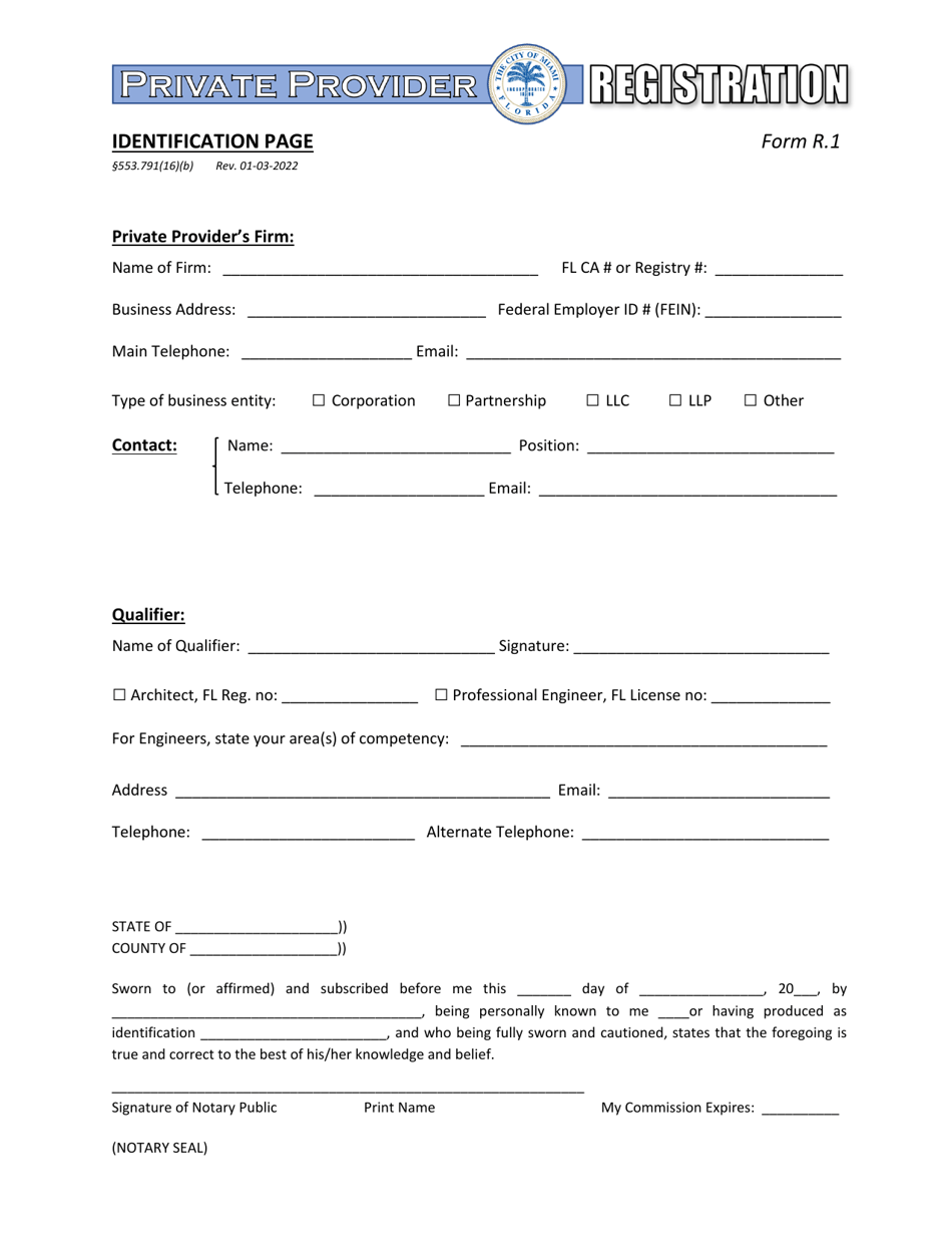 Form R.1 Private Provider Registration - Identification Page - City of Miami, Florida, Page 1