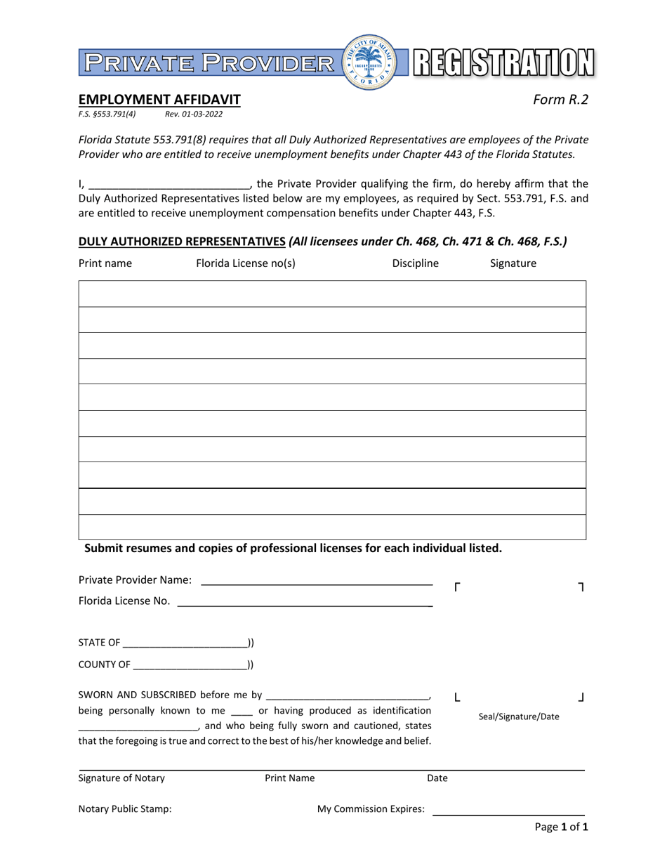 Form R.2 Private Provider Registration - Employment Affidavit - City of Miami, Florida, Page 1