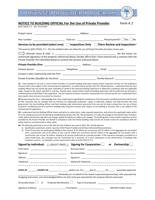 Form A.1 Notice to Building Official for the Use of Private Provider - City of Miami, Florida