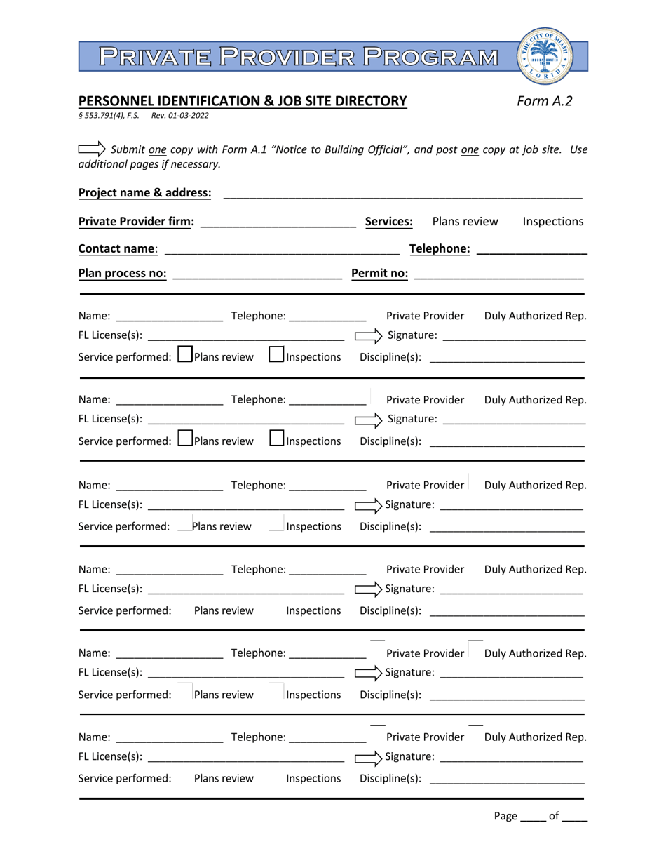 Form A.2 Personnel Identification  Job Site Directory - Private Provider Program - City of Miami, Florida, Page 1