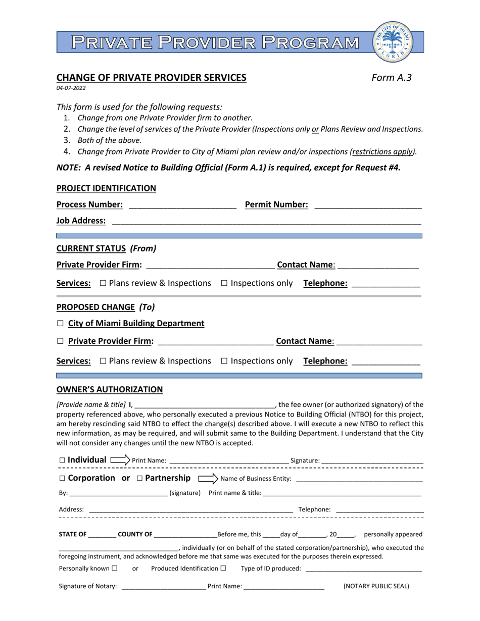 Form A.3 Change of Private Provider Services - City of Miami, Florida, Page 1