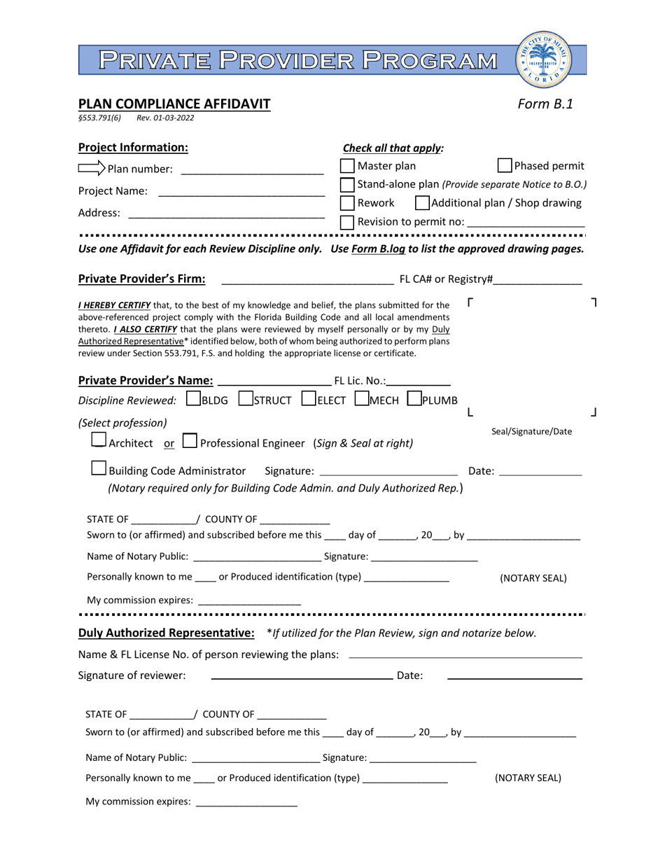 Form B.1 Plan Compliance Affidavit - City of Miami, Florida, Page 1