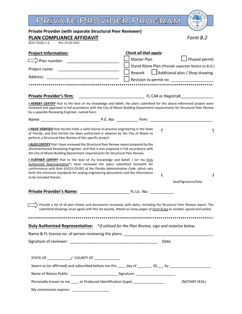 Form B.2 Plan Compliance Affidavit - Private Provider (With Separate Structural Peer Reviewer) - City of Miami, Florida
