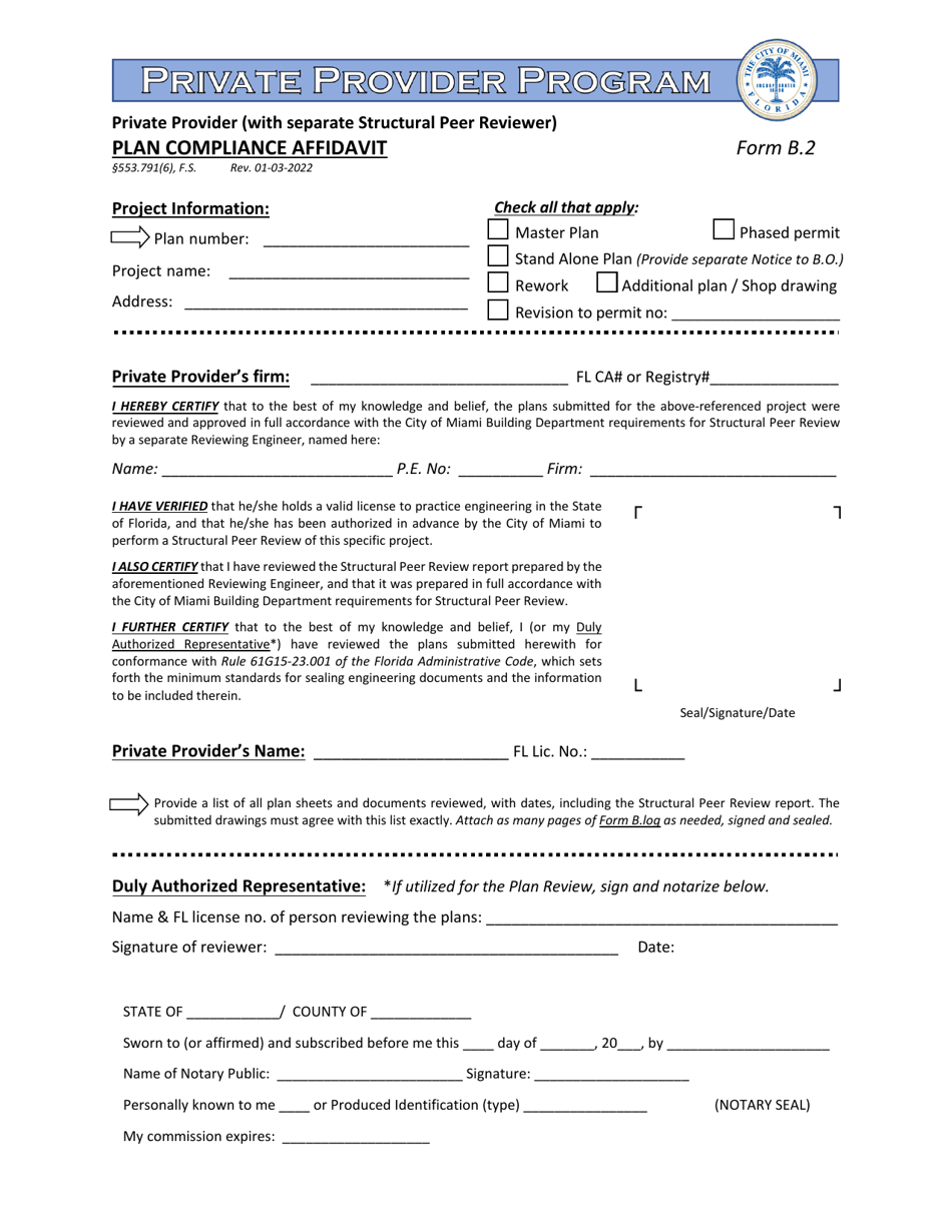 Form B.2 Plan Compliance Affidavit - Private Provider (With Separate Structural Peer Reviewer) - City of Miami, Florida, Page 1