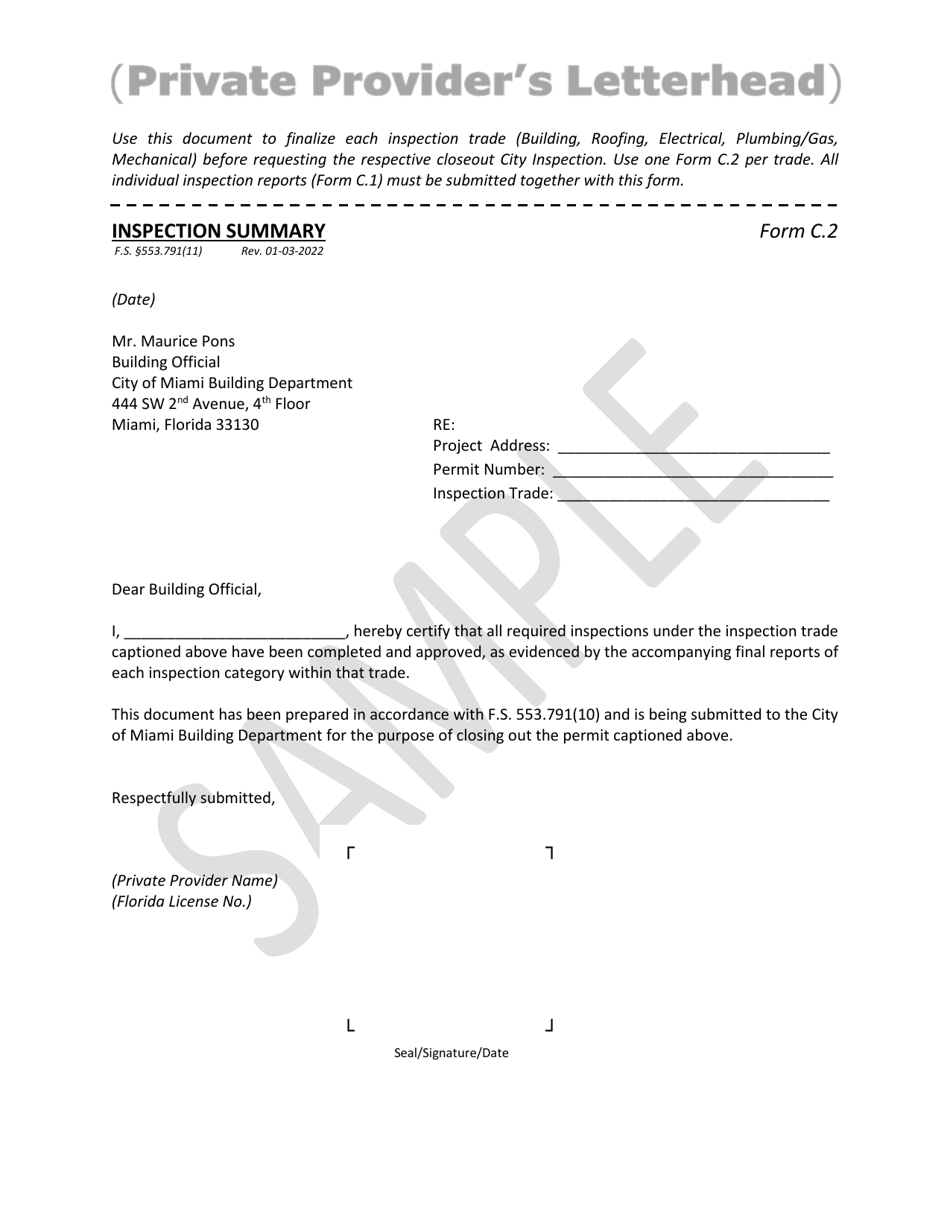 Form C.2 Inspection Summary - Sample - City of Miami, Florida, Page 1
