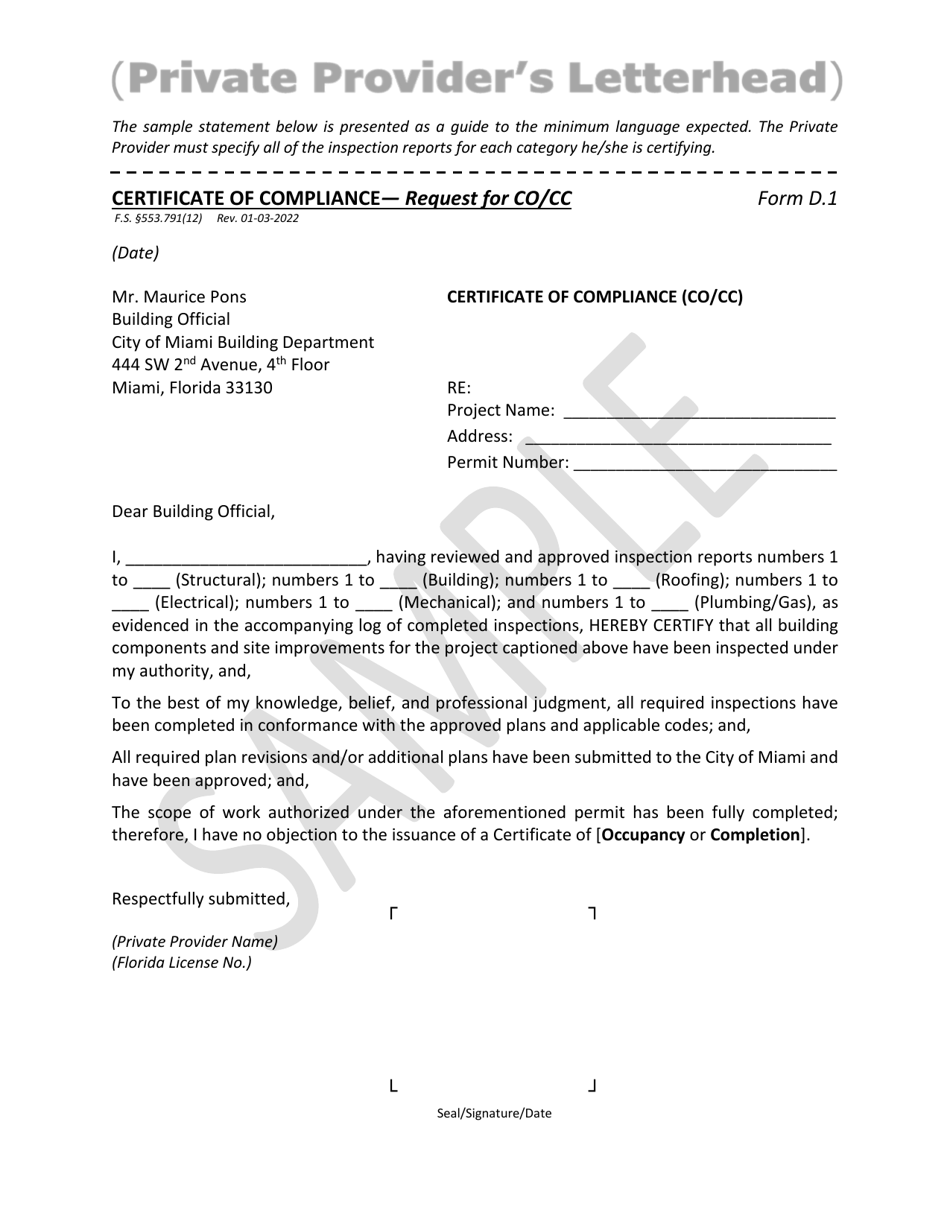 Form D.1 Certificate of Compliance - Request for Co / Cc - Sample - City of Miami, Florida, Page 1