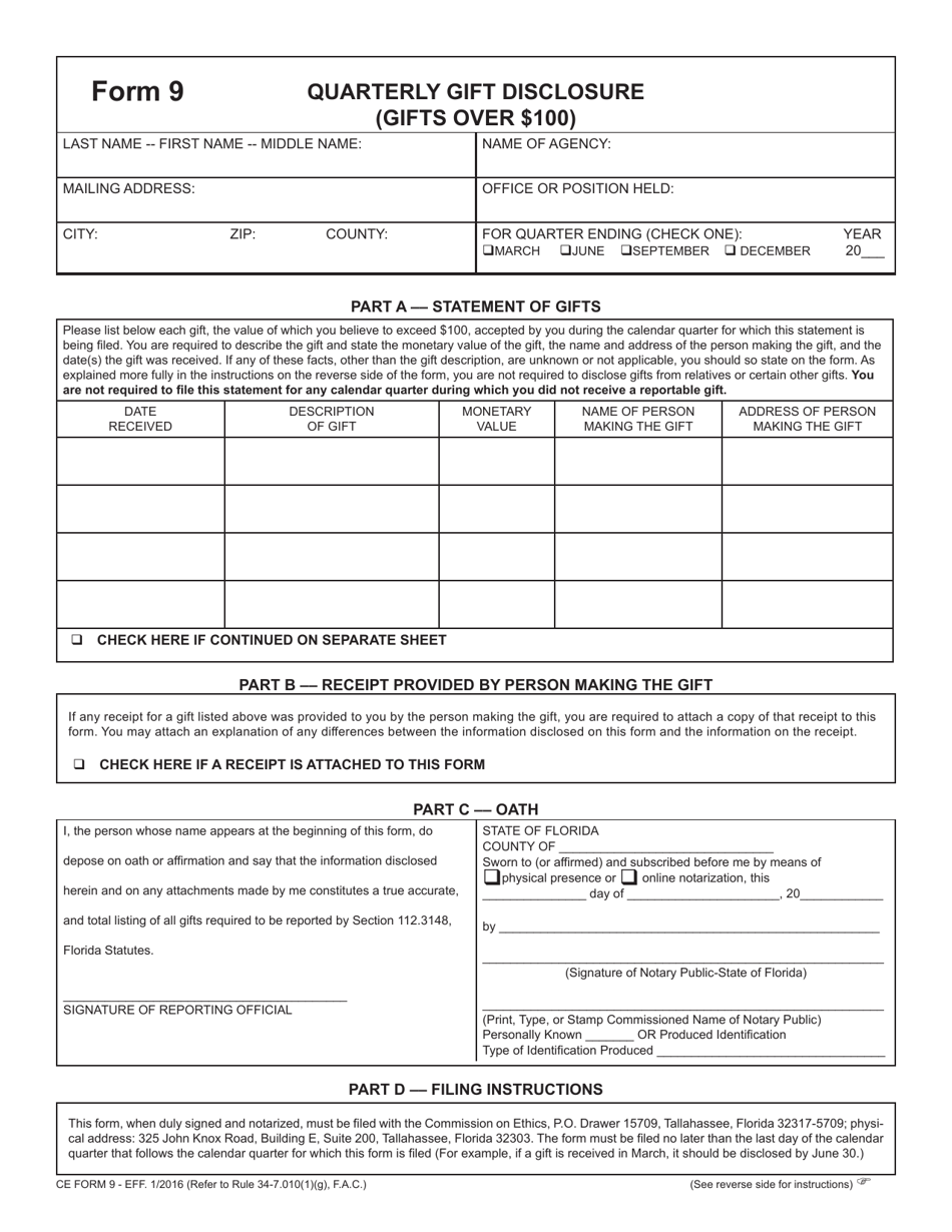 CE Form 9 Quarterly Gift Disclosure (Gifts Over $100) - Florida, Page 1