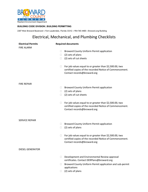 Electrical, Mechanical, and Plumbing Checklists - Broward County, Florida Download Pdf