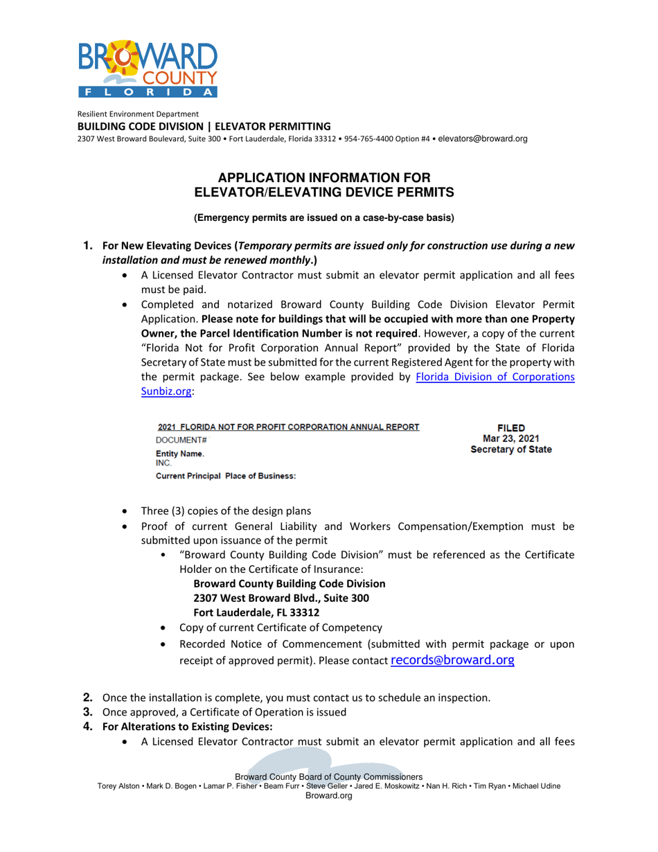 Elevator Permit Application - Broward County, Florida, Page 1