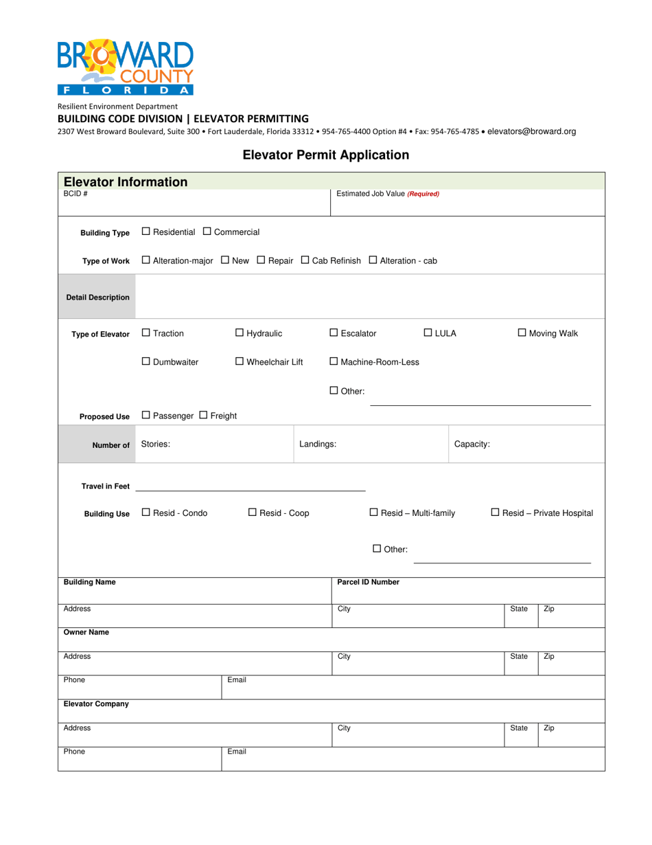 Broward County Florida Elevator Permit Application Fill Out Sign